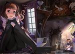  alice_(wonderland) alice_in_wonderland alphonse_(white_datura) apron black_legwear blush book bottle brown_eyes brown_hair checkered checkered_floor cup english giantess leaf long_hair minigirl pantyhose scared sitting table teacup tears wariza 