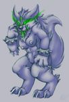 bracelet breasts canine chest_tuft claws crest crystal digitigrade ear_piercing fangs female fur glowing glowing_eyes green_eyes green_tongue head_crest inuki jewelry looking_at_viewer mammal nipples pearced_ears piercing smile solo tail tongue tuft tusks 