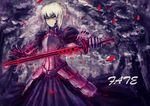  armor armored_dress artoria_pendragon_(all) bad_id bad_pixiv_id blonde_hair dress excalibur fate/stay_night fate_(series) faulds gauntlets hair_bun hair_ribbon petals qin ribbon saber_alter slit_pupils solo sword weapon yellow_eyes 