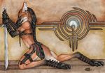  canine detailed female goldenwolf mane_hair maned_wolf photorealism plaits solo sword warrior weapon 
