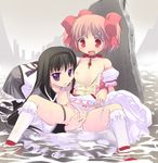  akemi_homura bad_id bad_pixiv_id bare_shoulders black_hair blush breasts choker hair_ribbon hairband highres kaname_madoka long_hair magical_girl mahou_shoujo_madoka_magica mouth_hold multiple_girls natsukawa_sarasa nipples open_clothes open_shirt panties pantyhose pink_eyes pink_hair puffy_sleeves purple_eyes red_choker ribbon shirt shoes short_twintails small_breasts spread_legs tears twintails underwear water wet white_panties work_in_progress yuri 