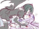  2girls back_bow black_choker bow choker cure_moonlight dark_precure elbow_gloves girl_on_top gloves green_hair heartcatch_precure! kiss long_hair lying magical_girl multiple_girls oimo precure purple_hair short_hair single_wing sketch thighhighs tsukikage_yuri wings yuri 