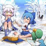  barefoot blue_hair bow cat chen chen_(cat) cirno daiyousei drooling eating food green_hair hair_bow indian_style letty_whiterock melting mochi multiple_girls multiple_tails saliva short_hair side_ponytail sitting stew sweatdrop tail tomoyohi touhou wagashi wings 