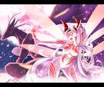  arm_up bodysuit creature fang fantasy fingernails hazuki_gean letterboxed long_hair multiple_wings outstretched_hand petals pixiv_fantasia pixiv_fantasia_5 smile solo white_hair wings yellow_eyes 