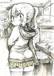  ass blush child denny's from_behind hade_na_kangofu hair_ornament hairclip hood hood_down hoodie looking_at_viewer looking_back monochrome original ponytail restaurant sketch skirt solo thighhighs traditional_media zettai_ryouiki 