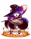  :o ahoge book dress eibon fire full_body hat holding holding_wand jewelry long_hair low-tied_long_hair magic monster_maker open_mouth purple_eyes purple_hair rufia_(monster_maker) shoes simple_background solo wand white_background witch witch_hat 