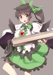  alternate_hairstyle arm_cannon bad_id bad_pixiv_id blush bow brown_hair cape dress green_bow hair_bow long_hair open_mouth ponytail red_eyes reiuji_utsuho solo takashiru third_eye touhou weapon wings 