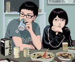  1girl alcohol beer black_hair chin_rest drinking face food glasses hands md5_mismatch original realistic sakkan short_hair 