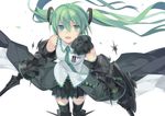  armor bad_id bad_pixiv_id bare_shoulders black_legwear detached_sleeves dual_wielding floating_hair from_above gauntlets greaves green_eyes green_hair hatsune_miku holding long_hair looking_up mecha_musume mechanical_arm mechanical_parts medal necktie ninomoto open_mouth pleated_skirt science_fiction shield skirt solo sword tattoo thighhighs twintails vocaloid weapon zettai_ryouiki 