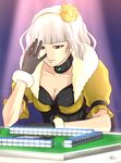  beyond_the_nobles breasts choker cleavage dam-p gloves grey_hair hair_ornament hairband heart idolmaster idolmaster_(classic) large_breasts long_hair mahjong playing_games red_eyes shijou_takane solo 