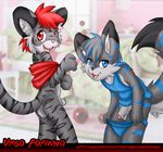  blue_eyes bottomless butt cat cub fang feline grey_hair male penis poking_out red_eyes red_hair shirt siblings smile tail twins uncut undressing ursofofinho 
