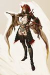  armor blood breasts center_opening copyright_request highres horns ikeda_masateru katana large_breasts lips no_panties oni red_eyes solo sword thighhighs weapon 