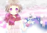  absurdres blush brown_hair child cityscape dress face highres looking_at_viewer original purple_eyes scarf shiro_(octet) short_hair snowing solo 