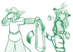  ? anthro basitin blush bottomless brown_hair butt clothing confused covering_eyes disgust duo feline female flora_(twokinds) green green_and_white green_and_white_theme hair helmet keidran keith_(twokinds) keith_keiser long_brown_hair long_hair male mammal monochrome open_mouth pantless pants plain_background shock shocked sketch stripes surprise tail tiger tom_fischbach twokinds webcomic white_background 