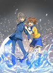  aofujiake bad_id bad_pixiv_id ball blue_eyes blurry bokeh brown_hair depth_of_field gakuran inazuma_eleven_(series) inazuma_eleven_go looking_back male_focus matsukaze_tenma multiple_boys raimon raimon_school_uniform raimon_soccer_uniform red_eyes school_uniform shindou_takuto soccer_ball soccer_uniform sportswear telstar water 