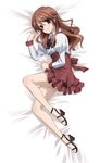  ashikaga_yuuki bed bed_sheet blush bow brown_eyes brown_hair cross_days legs long_hair lying male_focus otoko_no_ko sandals school_days smile solo tottoto_tomekichi waitress 