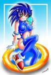  animal_ears armband blue_hair cheese crossgender female gloves green_eyes hair hedgehog humanoid looking_at_viewer male mobian one_eye_closed sitting skimpy solo sonic_(series) sonic_the_hedgehog tail tight_clothing u.nyong 
