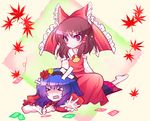  &gt;:) &gt;_&lt; :&gt; ascot bad_id bad_pixiv_id bandages bandaid blue_hair bow brown_hair closed_eyes detached_sleeves hair_bow hakurei_reimu highres multiple_girls open_mouth power-up red_eyes shino_(mijinko) sitting sitting_on_person smile touhou v-shaped_eyebrows yasaka_kanako 