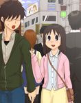  1girl azumanga_daiou bag blush brown_eyes brown_hair cardigan casual crosswalk crowd handbag kasuga_ayumu rasshi_saito shaded_face skirt sleeve_tug surprised sweatdrop 