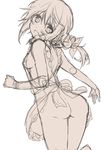  :d apron ass breasts charlotte_dunois from_behind infinite_stratos looking_back monochrome nakayama_miyuki naked_apron nipple_slip nipples open_mouth small_breasts smile solo 