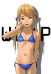  bikini blonde_hair blue_eyes copyright_request covered_nipples face flat_chest hair_ribbon hands long_hair navel ribbon ribs solo swimsuit twintails yoneda_taishou 