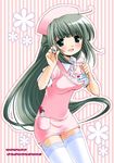  black_hair blush cosplay dotted_line green_eyes hat hidamari_sketch long_hair nurse nurse_cap patoto solo thighhighs yoshinoya 
