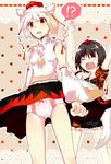  2girls animal_ears bad_id bad_pixiv_id black_hair detached_sleeves hat idrua inubashiri_momiji midriff multiple_girls panties red_eyes shameimaru_aya short_hair silver_hair skirt skirt_lift tail tokin_hat touhou underwear white_hair wolf_ears wolf_tail 