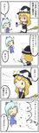  4koma apron blonde_hair blue_hair bow broom cirno comic dress hair_bow hair_ribbon highres ice kirisame_marisa multiple_girls pepper_shaker potaaju ribbon shaded_face star touhou translated wings 