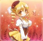  beret blonde_hair border breasts bug butterfly drill_hair fingerless_gloves gloves hair_ornament hat insect large_breasts light_smile looking_at_viewer mahou_shoujo_madoka_magica ogawa_hidari puffy_sleeves short_hair smile solo tareme tomoe_mami upper_body yellow_eyes 