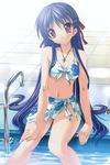  1girl bikini black_hair breasts cleavage drain_(object) feet_in_water floral_print front-tie_top koisuru_otome_to_shugo_no_tate long_hair navel pool pool_ladder poolside purple_eyes sanada_setsuko sarong senomoto_hisashi smile soaking_feet solo swimsuit very_long_hair water 