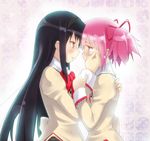  akemi_homura bad_id bad_pixiv_id black_hair bow hair_ribbon hairband kaname_madoka long_hair mahou_shoujo_madoka_magica masamuuu multiple_girls pink_eyes pink_hair purple_eyes ribbon school_uniform short_twintails twintails yuri 