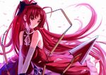  bare_shoulders bow breasts hair_bow jewelry large_breasts long_hair magical_girl mahou_shoujo_madoka_magica older pendant petals polearm ponytail red_eyes red_hair revision ryuuzaki_ichi sad sakura_kyouko solo v_arms very_long_hair weapon 