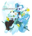  blue_eyes blue_fur blue_hair duo female flower fruit fur green_eyes hair headphones horn male napkit 