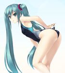  aqua_eyes aqua_hair armpits ass back_cutout competition_swimsuit face flat_chest goggles hands hatsune_miku highres kneepits leaning_forward legs long_hair one-piece_swimsuit simple_background solo swimsuit thighs twintails very_long_hair vocaloid wacchi 