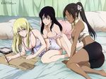  black_hair blonde_hair break_blade breasts camisole cleavage crop_top dark_skin large_breasts long_hair multiple_girls off_shoulder ponytail queen strap_slip 