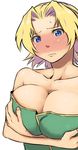  bad_id bad_pixiv_id bare_shoulders blonde_hair blue_eyes blush breast_hold breasts cleavage crossed_arms final_fantasy final_fantasy_tactics full-face_blush large_breasts monk_(fft) short_hair solo sweatdrop tsukudani_(coke-buta) 