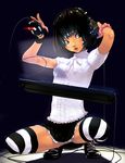  black_hair headphones headset highres keyboard_(computer) mouse_(computer) open_mouth original skirt solo squatting striped striped_legwear thighhighs tororoto 