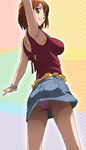  armpits asobi_ni_iku_yo! bra bra_peek bracelet breasts brown_eyes brown_hair denim denim_skirt from_behind from_below gluteal_fold_peek haruyama_kazunori jewelry kinjou_manami large_breasts panties pink_panties skirt solo underwear upskirt 