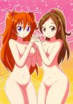  2girls big_breasts blue_eyes blush breasts brown_eyes brown_hair erect_nipples female large_breasts long_hair multiple_girls nipples nnn no_pussy nude open_mouth orange_hair ponytail precure suite_precure twintails 