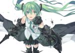  armor bad_id bad_pixiv_id black_legwear detached_sleeves from_above gauntlets greaves green_eyes green_hair hatsune_miku medal necktie ninomoto open_mouth pleated_skirt shield skirt solo sword tattoo thighhighs twintails vocaloid weapon 