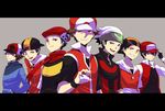  alternate_costume backwards_hat bad_id bad_pixiv_id baseball_cap beret black_eyes black_hair blue_eyes brown_hair dual_persona fingerless_gloves gloves gold_(pokemon) green_eyes hat hgk holding holding_poke_ball kouki_(pokemon) letterboxed multiple_boys pixiv_red poke_ball pokemon pokemon_(game) pokemon_bw pokemon_dppt pokemon_emerald pokemon_frlg pokemon_gsc pokemon_hgss pokemon_rgby pokemon_rse red_(pokemon) red_(pokemon_frlg) red_(pokemon_rgby) red_eyes scarf touya_(pokemon) wristband yellow_eyes yuuki_(pokemon) 