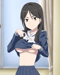  black_hair breasts brown_eyes fukiyose_seiri large_breasts long_hair midriff naughty_face navel ribonzu school_uniform serafuku shirt_lift skirt smile solo to_aru_majutsu_no_index underboob undressing 