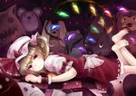  ascot barefoot blonde_hair blush candy checkered checkered_floor feet flandre_scarlet food glowing glowing_wings hanamuke hat legs_up light_smile looking_at_viewer lying on_floor on_stomach red_eyes short_hair side_ponytail smile soles solo stuffed_animal stuffed_toy teddy_bear the_pose touhou wings wrist_cuffs 