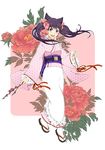  animal_ears asa_no_ha_(pattern) bad_id bad_pixiv_id black_hair bow branch flower fox_ears hair_bow hair_ribbon ibodi33 japanese_clothes kimono long_hair obi open_mouth otome_youkai_zakuro pink_bow purple_eyes ribbon sandals sash solo standing twintails zakuro_(otome_youkai_zakuro) 