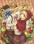  1girl absurdres animal_ears apple aqua_eyes big_bad_wolf big_bad_wolf_(cosplay) big_bad_wolf_(grimm) blonde_hair brother_and_sister cosplay fang food fruit grimm's_fairy_tales hair_ornament hairclip highres holding_hands hood interlocked_fingers kagamine_len kagamine_rin kemonomimi_mode little_red_riding_hood little_red_riding_hood_(grimm) little_red_riding_hood_(grimm)_(cosplay) makoto_(roketto-massyumaro) nail_polish short_hair siblings smile tail tongue twins vocaloid wolf_ears 