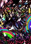  absurdres acid_trip animal_ears bad_id bad_pixiv_id blue_eyes bow cat_ears chen eyes flower gap hands hat hat_bow hat_ribbon highres leaf multicolored multicolored_eyes multicolored_rose multiple_girls ninomae one_eye_closed parasol purple_eyes purple_flower purple_rose red_eyes red_flower red_rose ribbon rose tail touhou umbrella yakumo_ran yakumo_yukari 