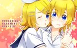  1girl bad_id bad_pixiv_id blonde_hair blue_eyes brother_and_sister garihi hair_ornament hair_ribbon hairclip kagamine_len kagamine_rin one_eye_closed project_diva_(series) project_diva_2nd ribbon school_uniform serafuku short_hair siblings twins v vocaloid 