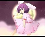  :p animal_ears barefoot blush bunny_ears carrot carrot_necklace inaba_tewi jewelry katanakko_daisuki letterboxed moon necklace night one_eye_closed pendant pointing purple_hair red_eyes short_hair smile solo tongue tongue_out touhou 