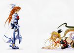  all_fours belt blonde_hair blue_eyes bow brown_hair doujinshi fate_testarossa fingerless_gloves from_side gloves hair_bow highres leotard long_hair looking_at_another looking_up lyrical_nanoha mahou_shoujo_lyrical_nanoha_strikers multiple_girls profile red_eyes scan slime standing stitched surprised takamachi_nanoha tamiya_akito tentacle_sex tentacles thighhighs third-party_edit torn_clothes traditional_media uniform white_background white_devil 