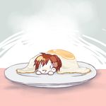  :d brown_hair chibi egg female_protagonist_(persona_3) food hair_ornament ichimatsu_shiro in_food minigirl on_plate open_mouth persona persona_3 persona_3_portable pun smile solo sunny_side_up_egg |_| 